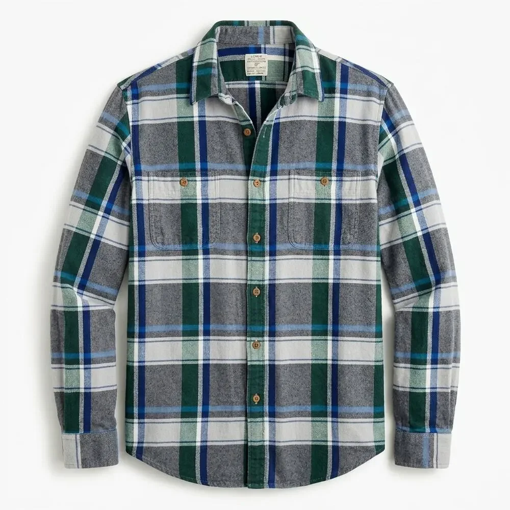 J.Crew Flannel-Slim Gray Button-Front Plaid Button-Up Shirt Men Size L